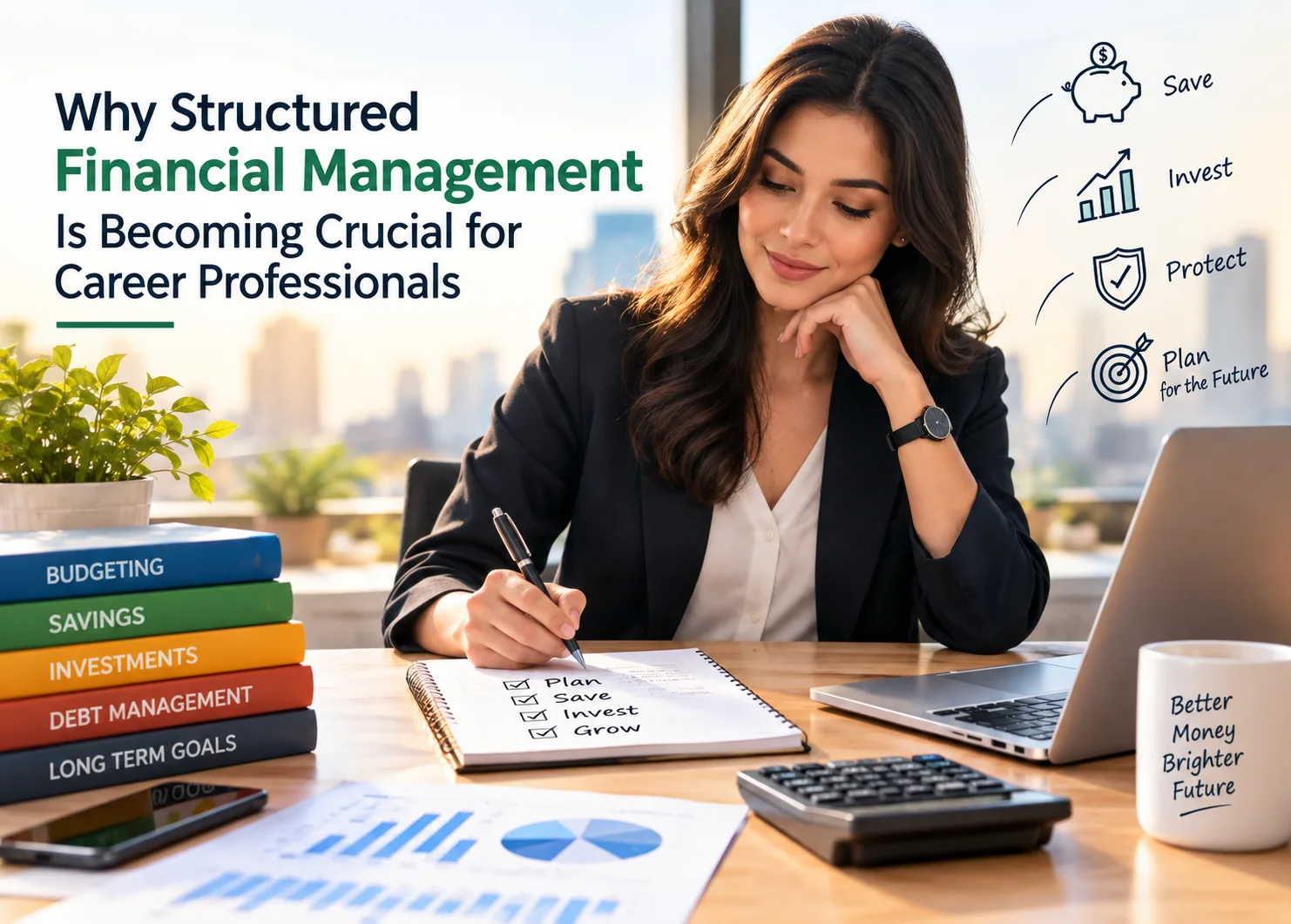 A professional woman planning her finances at a desk with a laptop, calculator, charts, savings books, and budgeting notes, illustrating structured financial management, smart budgeting, saving, investing, debt planning, and long-term financial stability for career professionals.